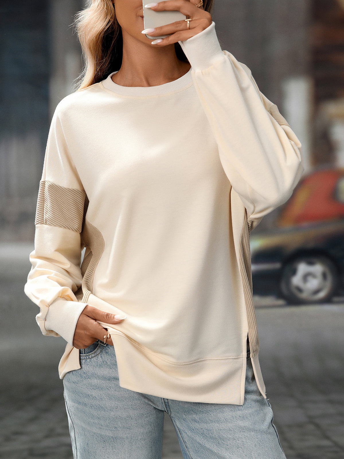 Panelled Sleeve Drop Shoulder Sweatshirt - Apricot - 2