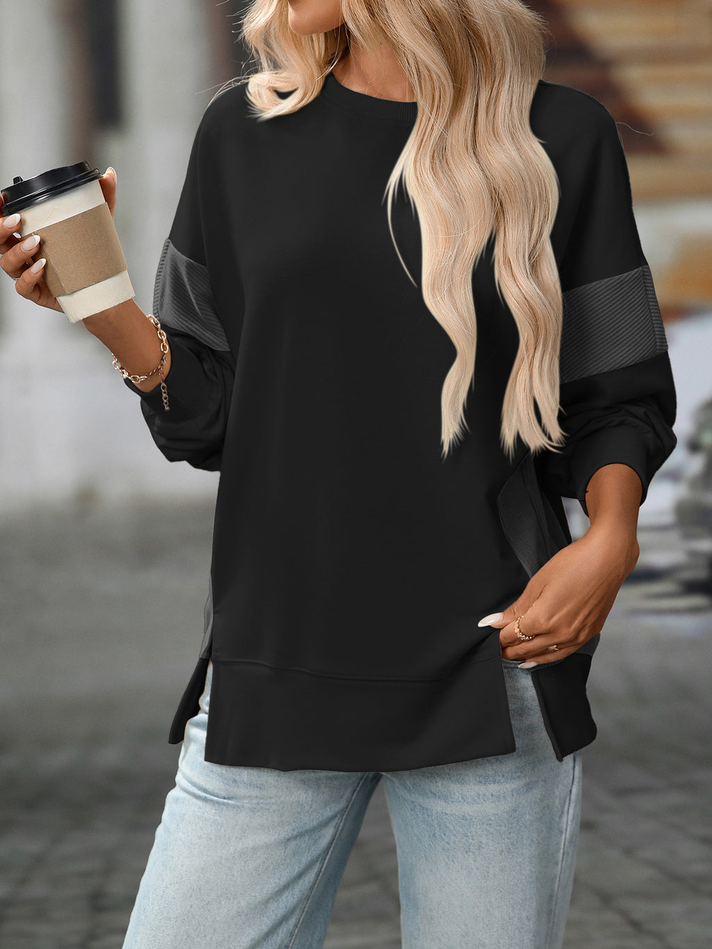 Panelled Sleeve Drop Shoulder Sweatshirt - Black