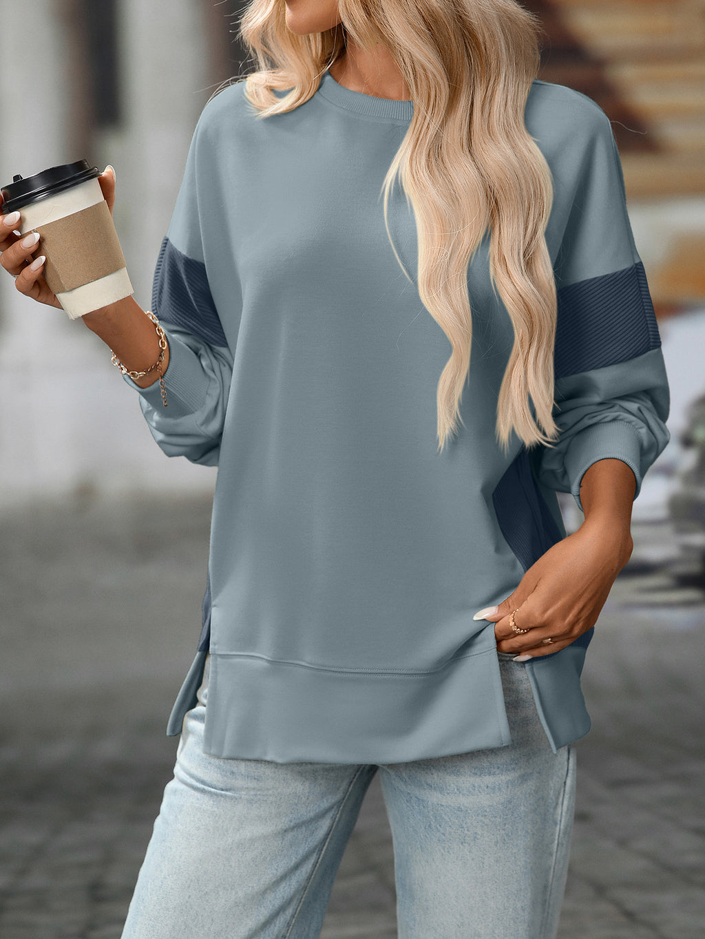 Panelled Sleeve Drop Shoulder Sweatshirt - GreyBlue - 1