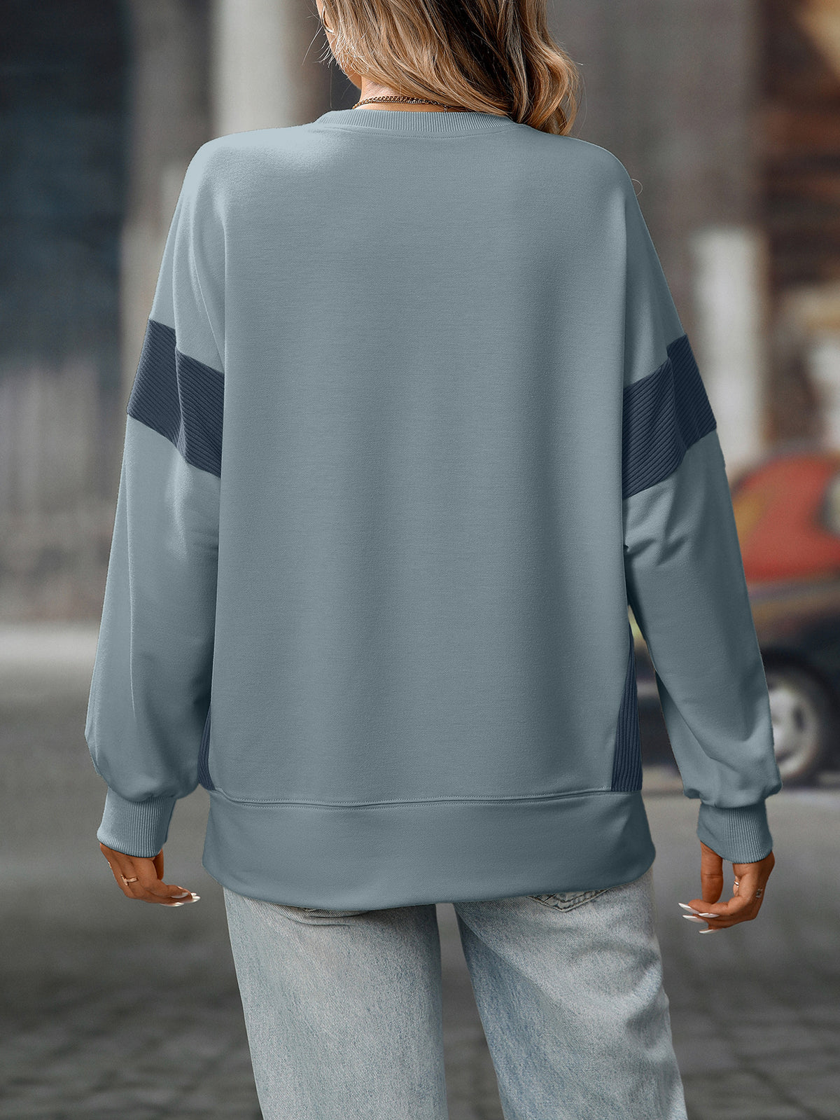 Panelled Sleeve Drop Shoulder Sweatshirt - GreyBlue - 2