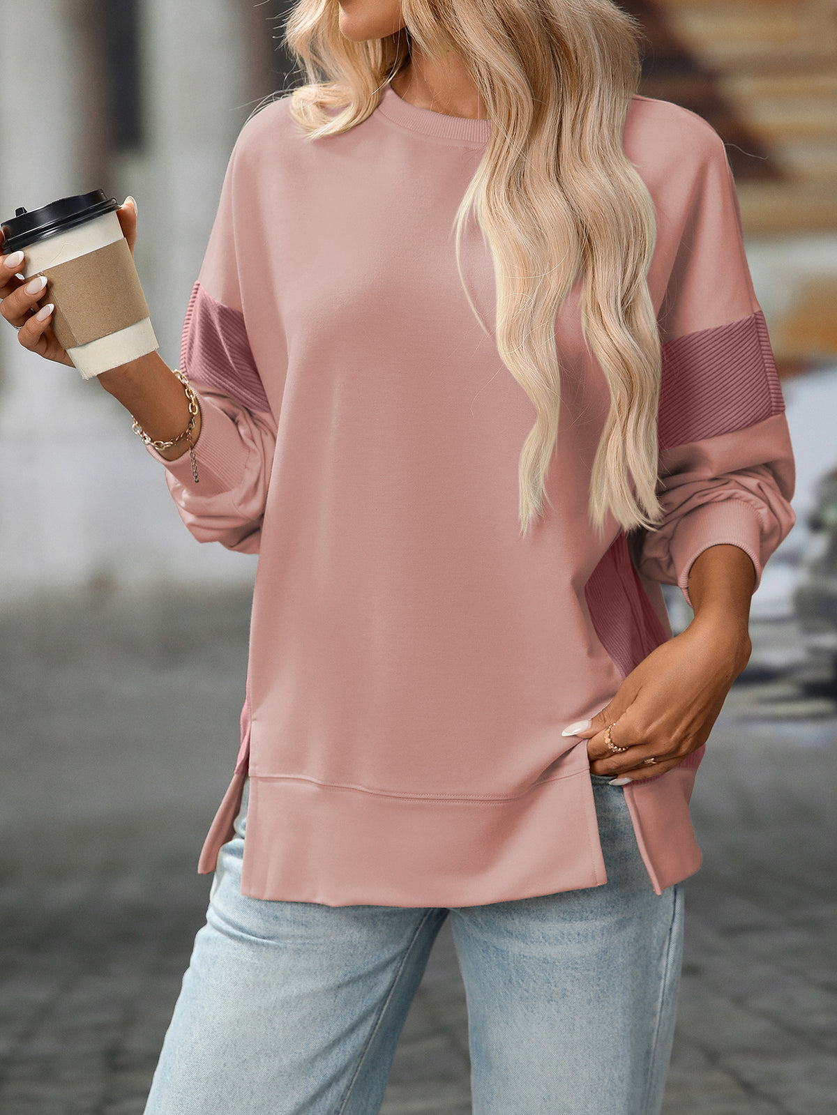 Panelled Sleeve Drop Shoulder Sweatshirt - Pink