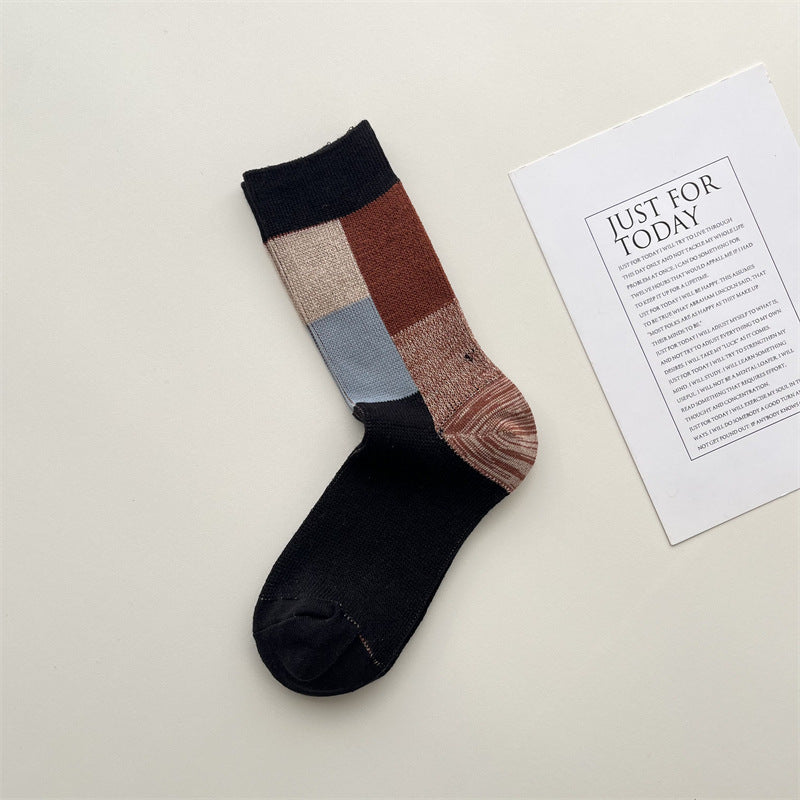 Retro Colorblock Patchwork Crew Socks - Black