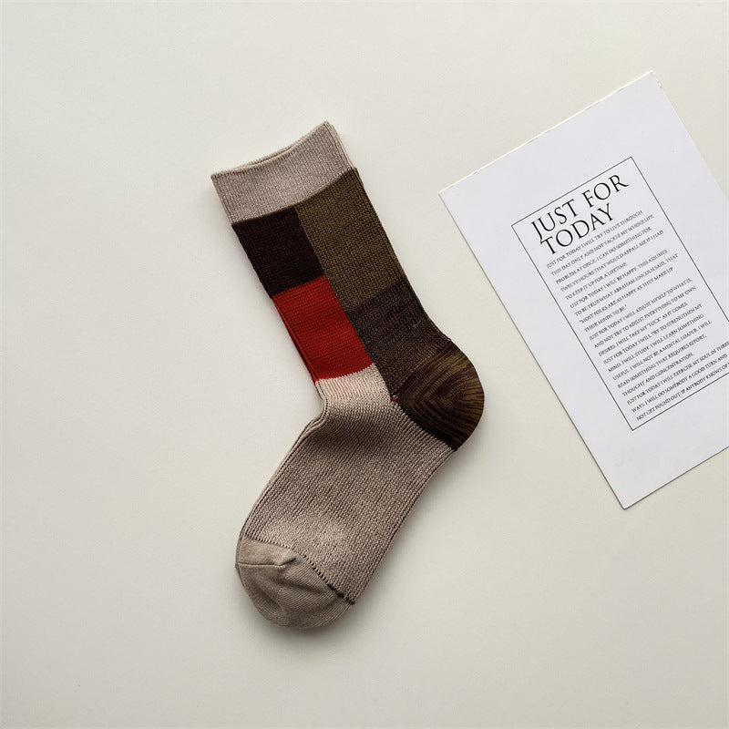 Retro Colorblock Patchwork Crew Socks - Oatmeal - 1