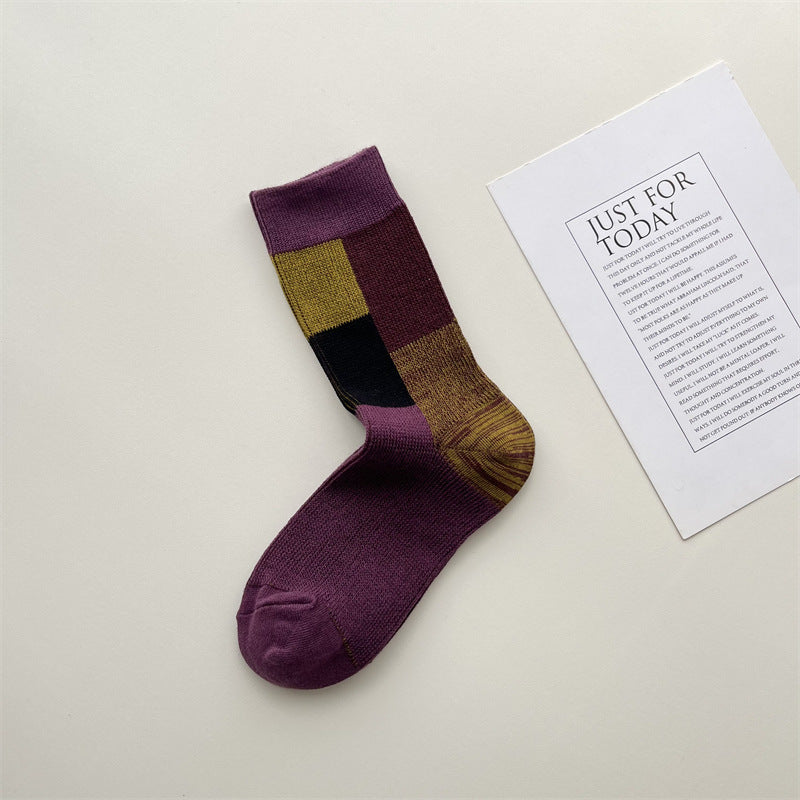 Retro Colorblock Patchwork Crew Socks - Purple