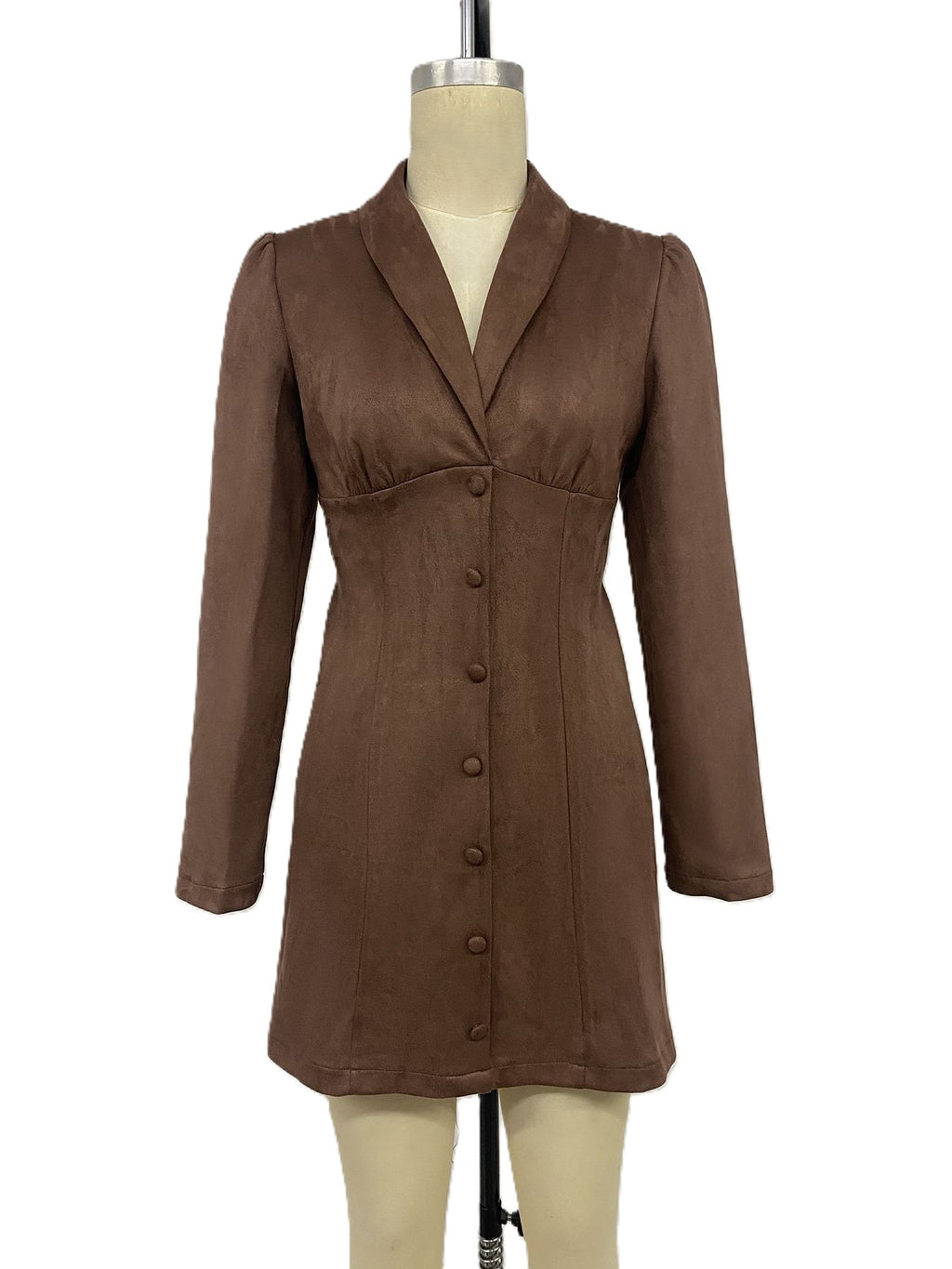 Brown Brushed Lapel Collar Button Front Mini Dress - Brown - 1