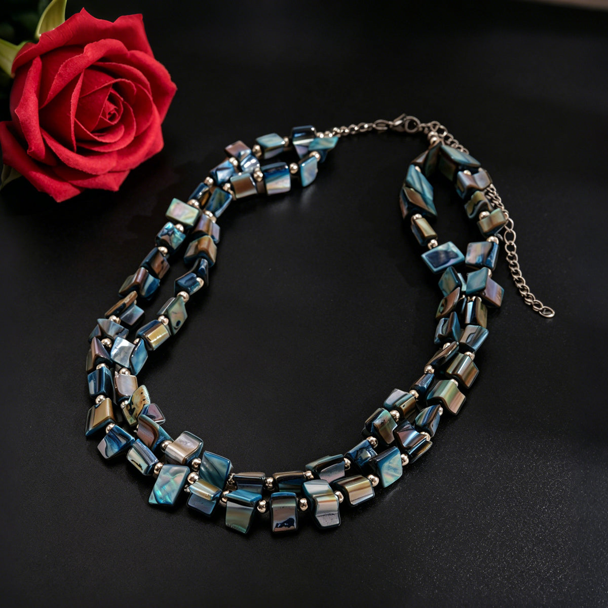 Double Strand Chip Bead Necklace With Extender Chain - Blue