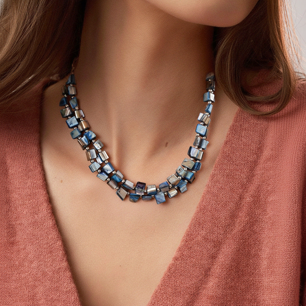 Double Strand Chip Bead Necklace With Extender Chain - Blue - 1