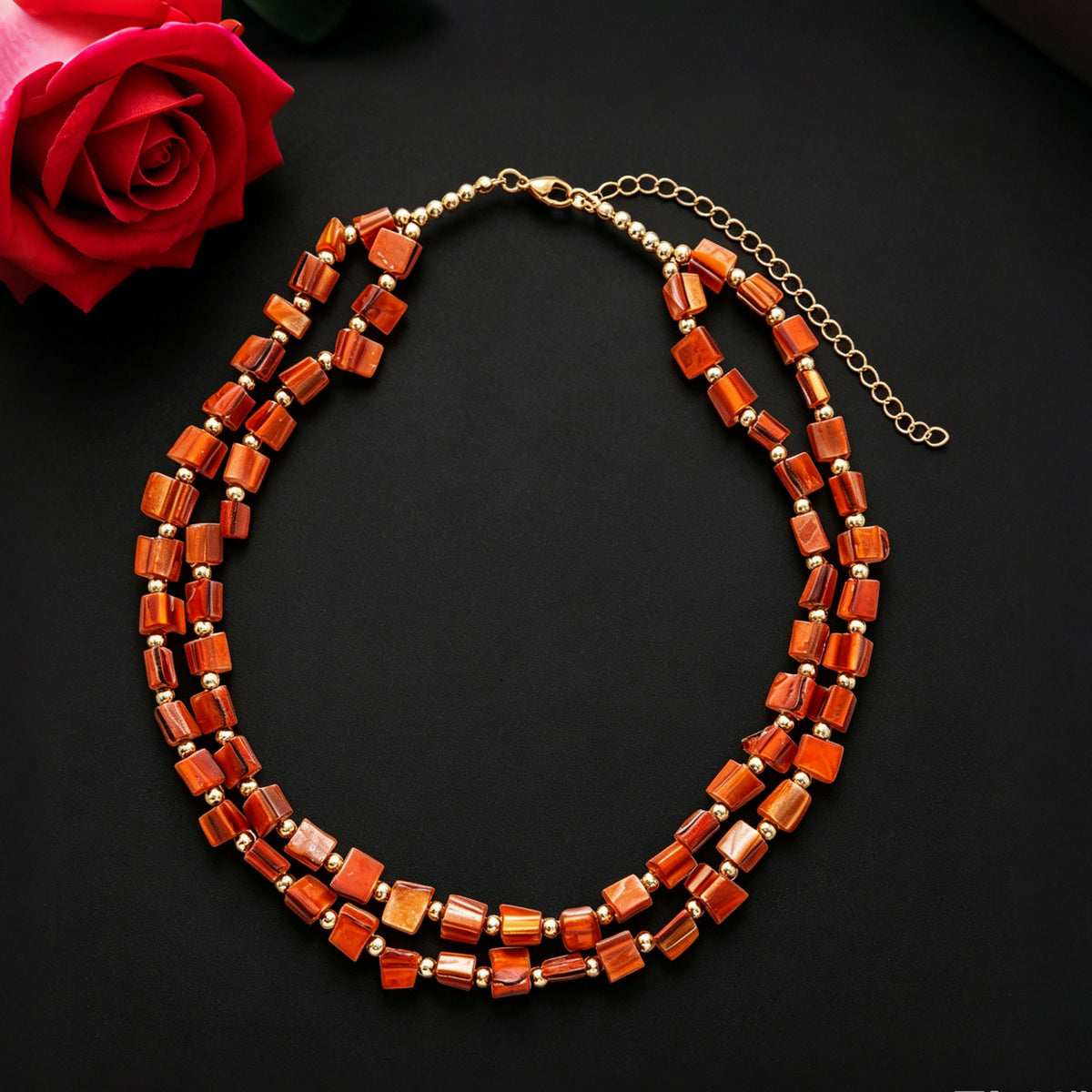 Double Strand Chip Bead Necklace With Extender Chain - Coffee