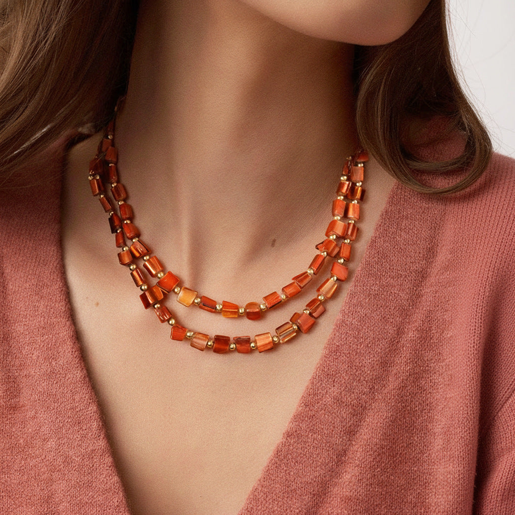 Double Strand Chip Bead Necklace With Extender Chain - Coffee - 1