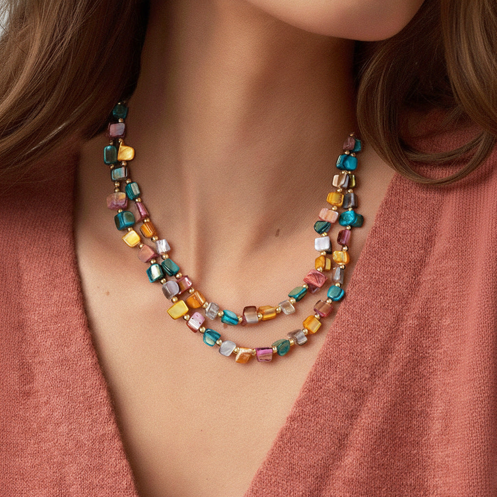 Double Strand Chip Bead Necklace With Extender Chain - Colorful