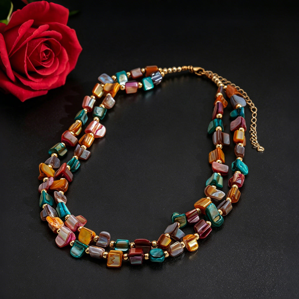 Double Strand Chip Bead Necklace With Extender Chain - Colorful - 1