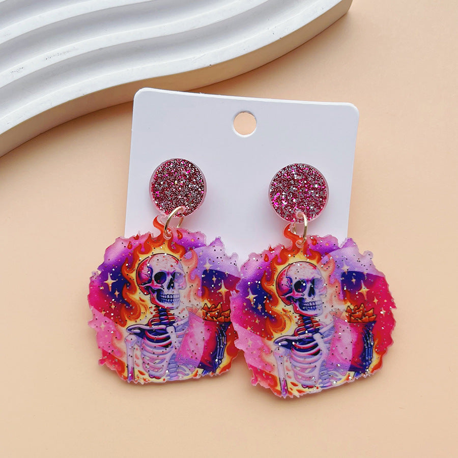 Halloween Acrylic Skull Charm Dangle Earrings - E