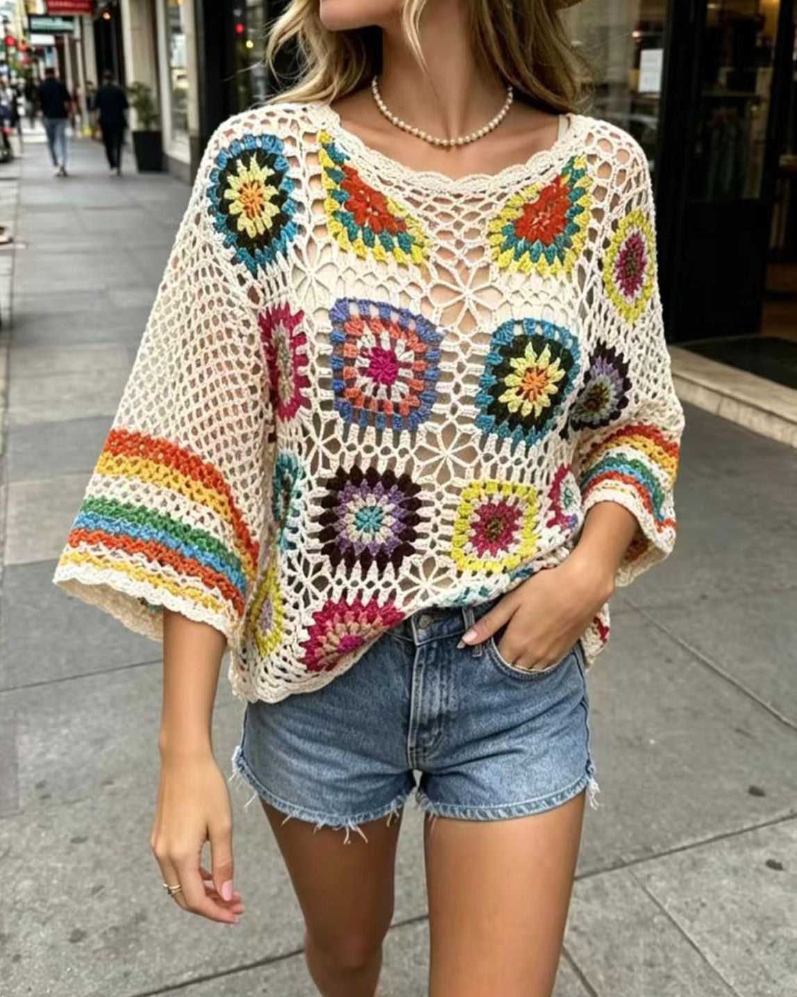 Crochet Granny Square Flare Sleeve Knit Top - Beige