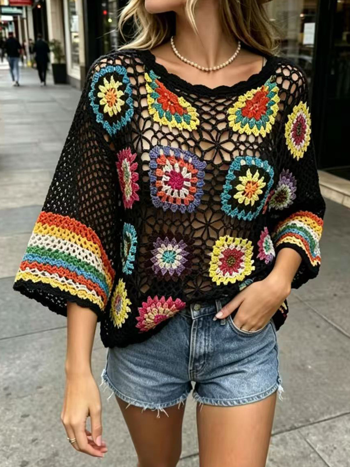 Crochet Granny Square Flare Sleeve Knit Top - Black