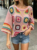 Crochet Granny Square Flare Sleeve Knit Top - Pink
