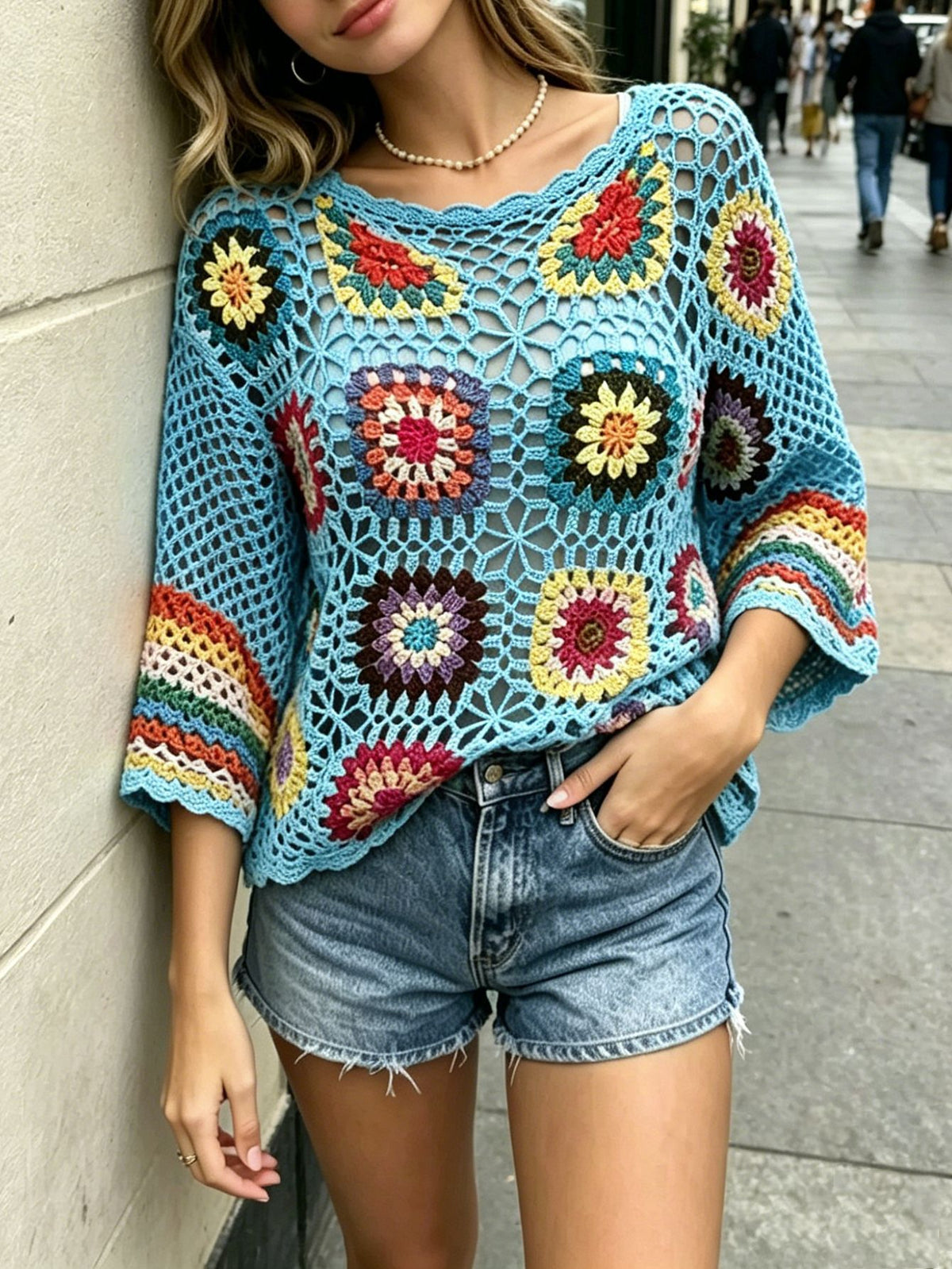 Crochet Granny Square Flare Sleeve Knit Top - SkyBlue