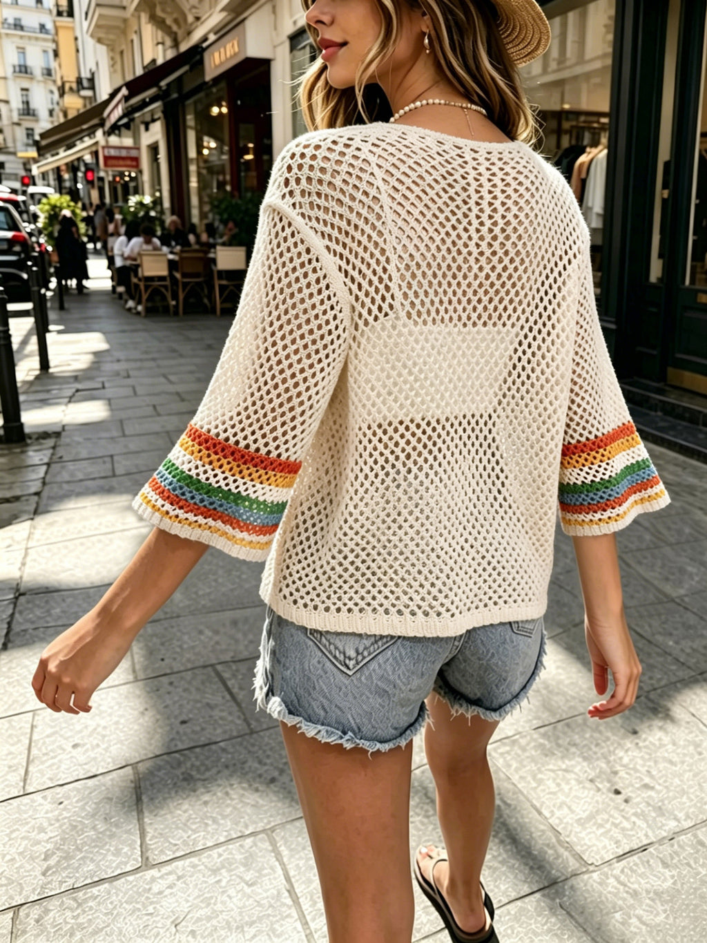 Crochet Granny Square Flare Sleeve Knit Top - White - 1