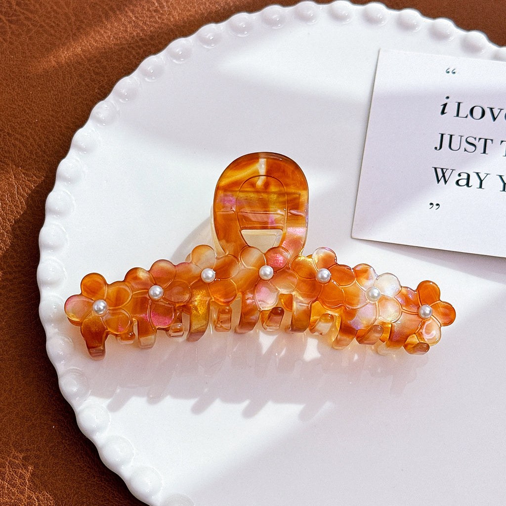 Blossom Cluster Rhinestone Hair Claw Clip - Orange