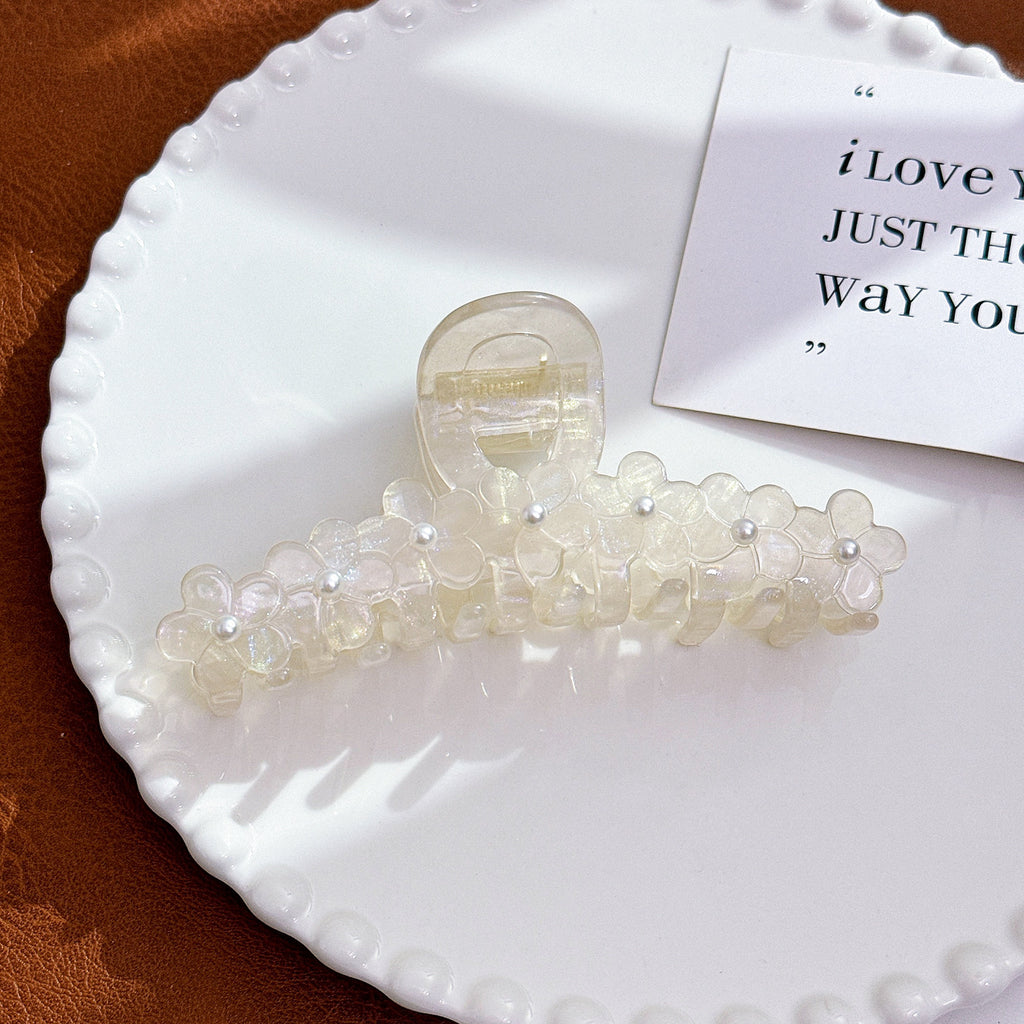 Blossom Cluster Rhinestone Hair Claw Clip - White