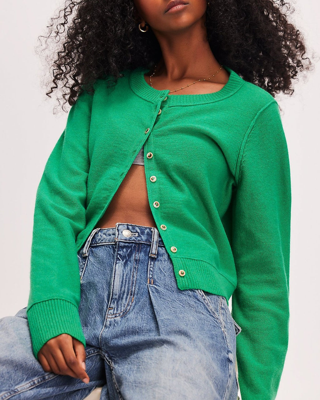 Slim Fit Cropped Button Up Cardigan - Green - 1
