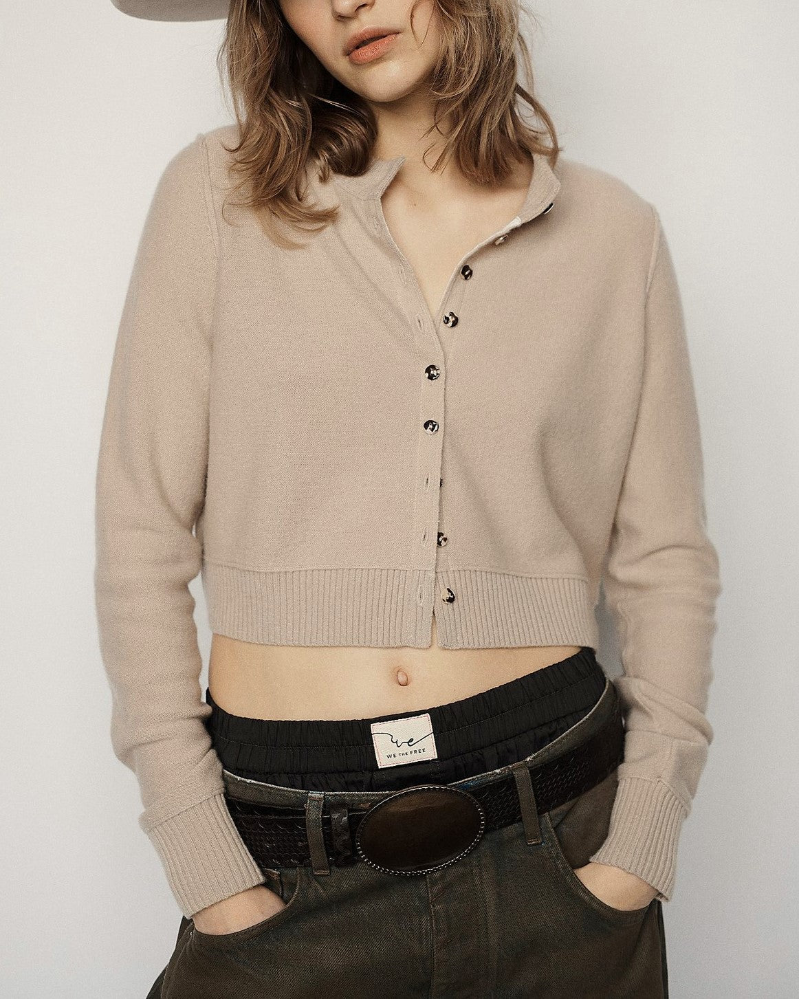 Slim Fit Cropped Button Up Cardigan - Khaki - 1