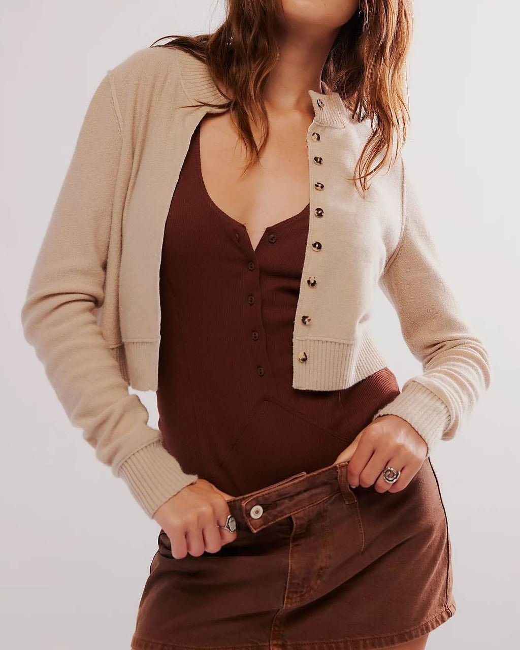 Slim Fit Cropped Button Up Cardigan - Khaki - 3