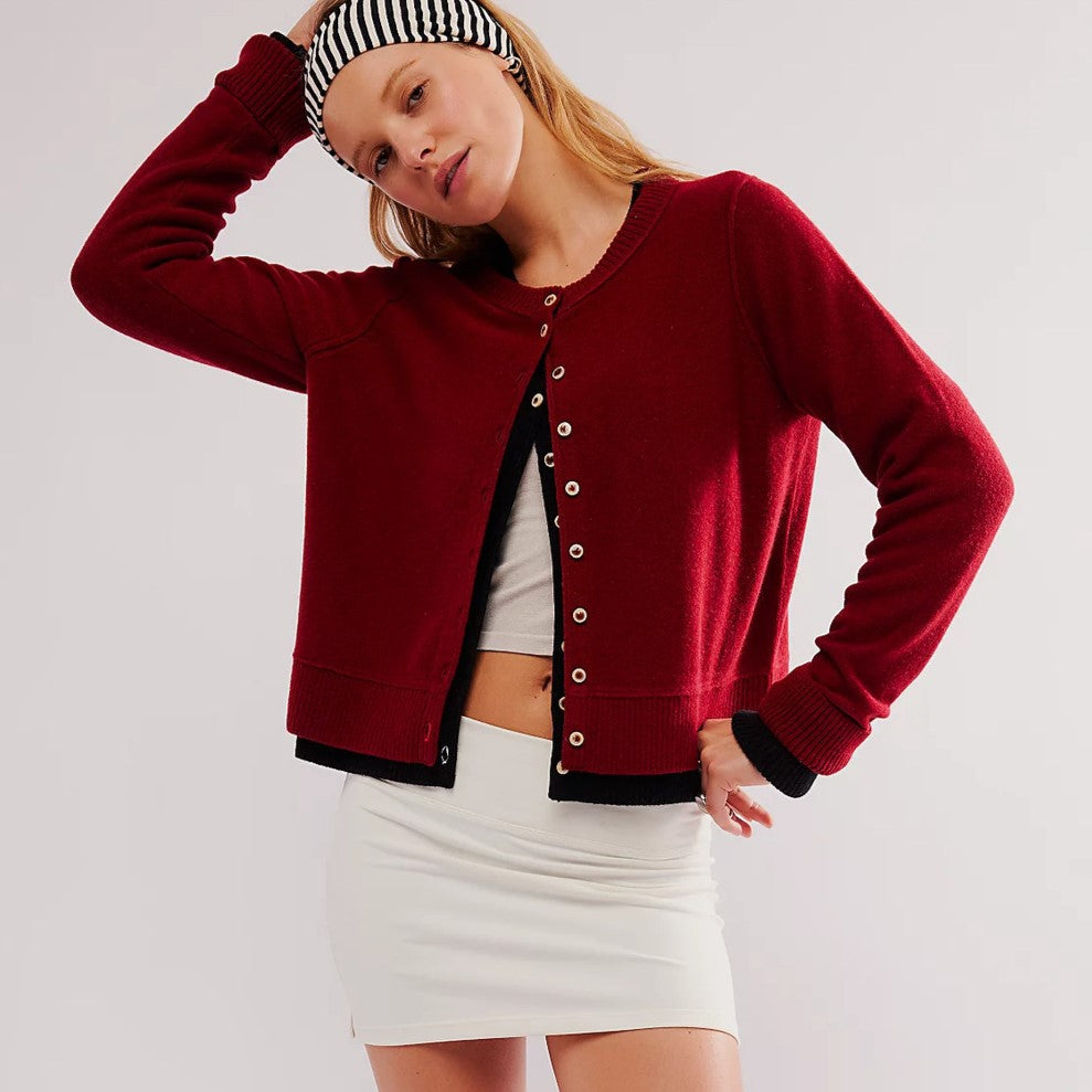 Slim Fit Cropped Button Up Cardigan - WineRed