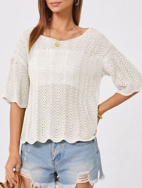 Pointelle Knit Scalloped Hem Boat Neck Top - Apricot