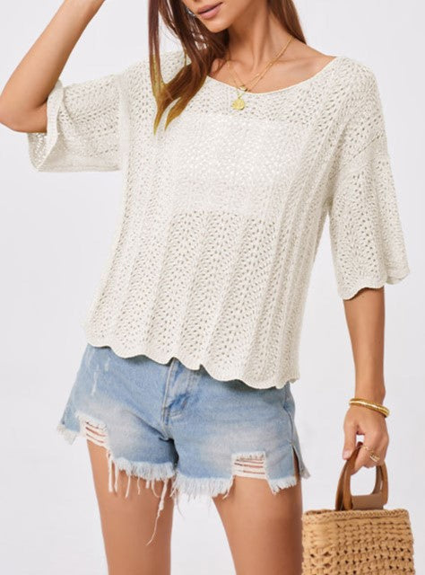 Pointelle Knit Scalloped Hem Boat Neck Top - Apricot - 1
