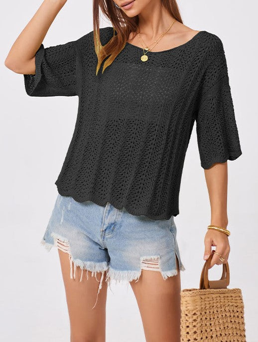 Pointelle Knit Scalloped Hem Boat Neck Top - Black - 1