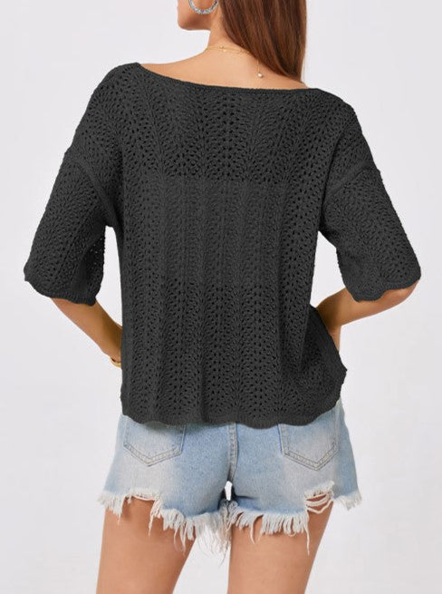 Pointelle Knit Scalloped Hem Boat Neck Top - Black - 2