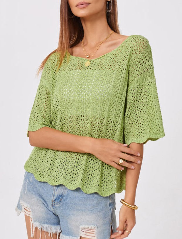 Pointelle Knit Scalloped Hem Boat Neck Top - Green