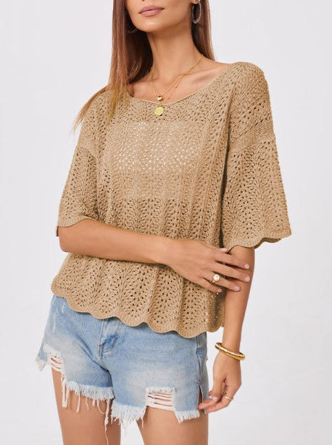 Pointelle Knit Scalloped Hem Boat Neck Top - Khaki