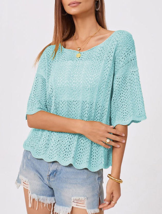 Pointelle Knit Scalloped Hem Boat Neck Top - Skyblue