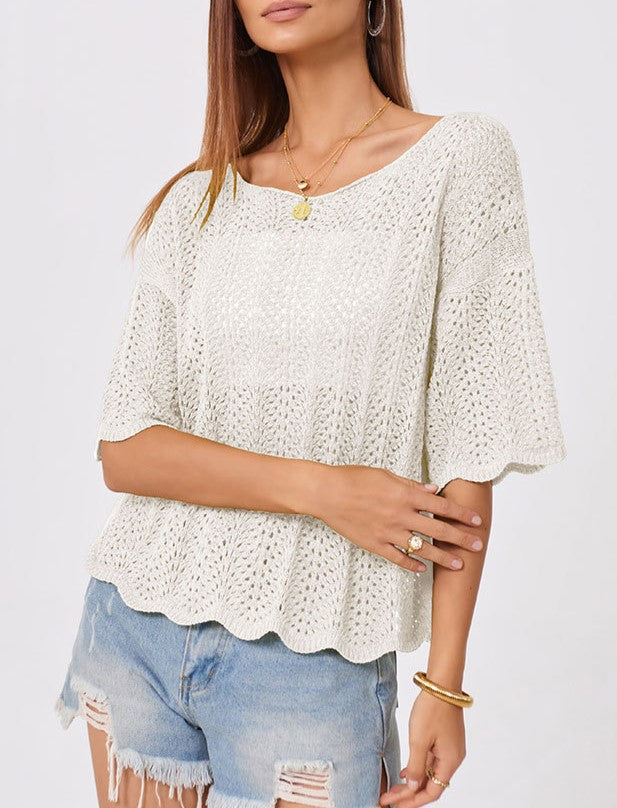 Pointelle Knit Scalloped Hem Boat Neck Top