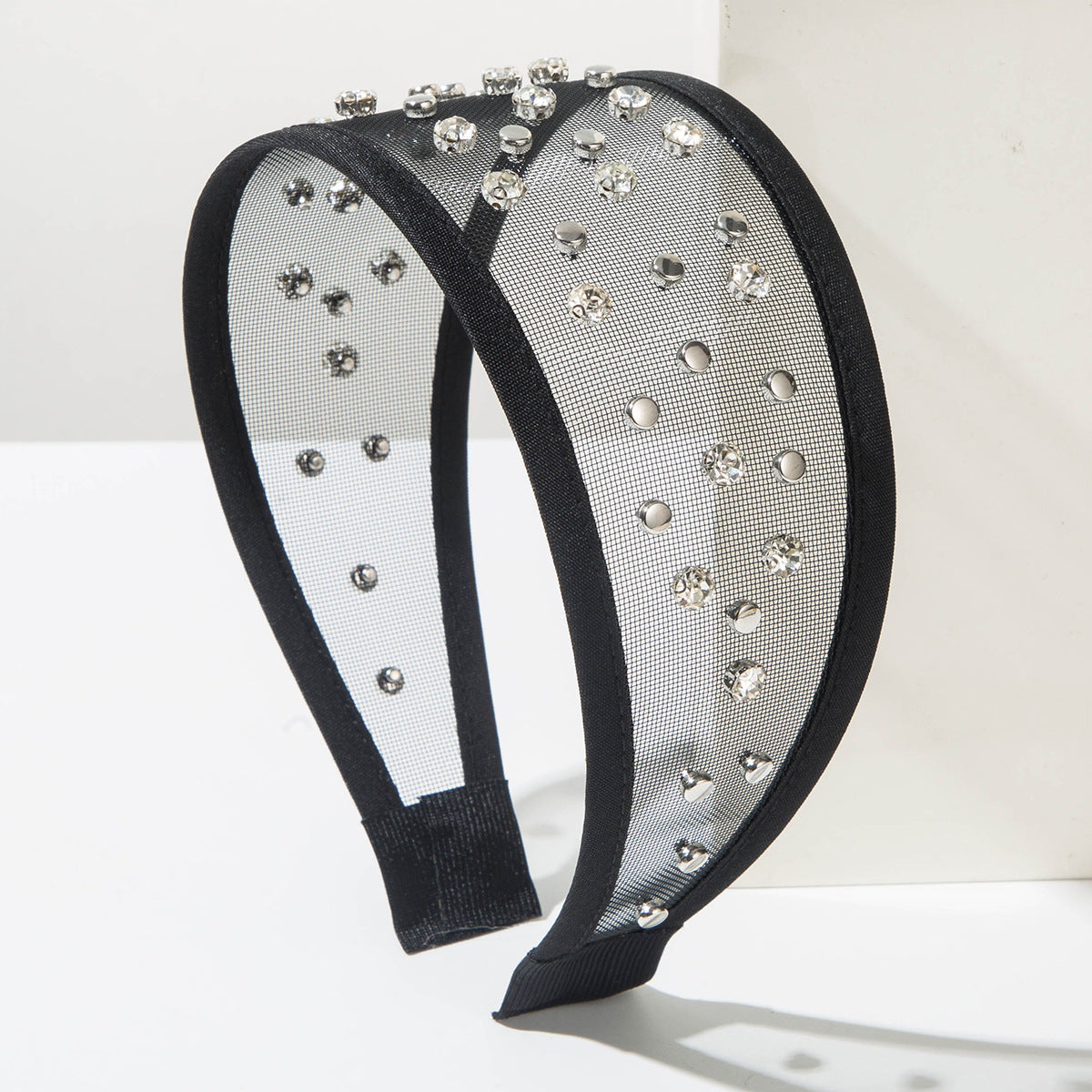 Sheer Tulle Headband With Crystal Studs - Black