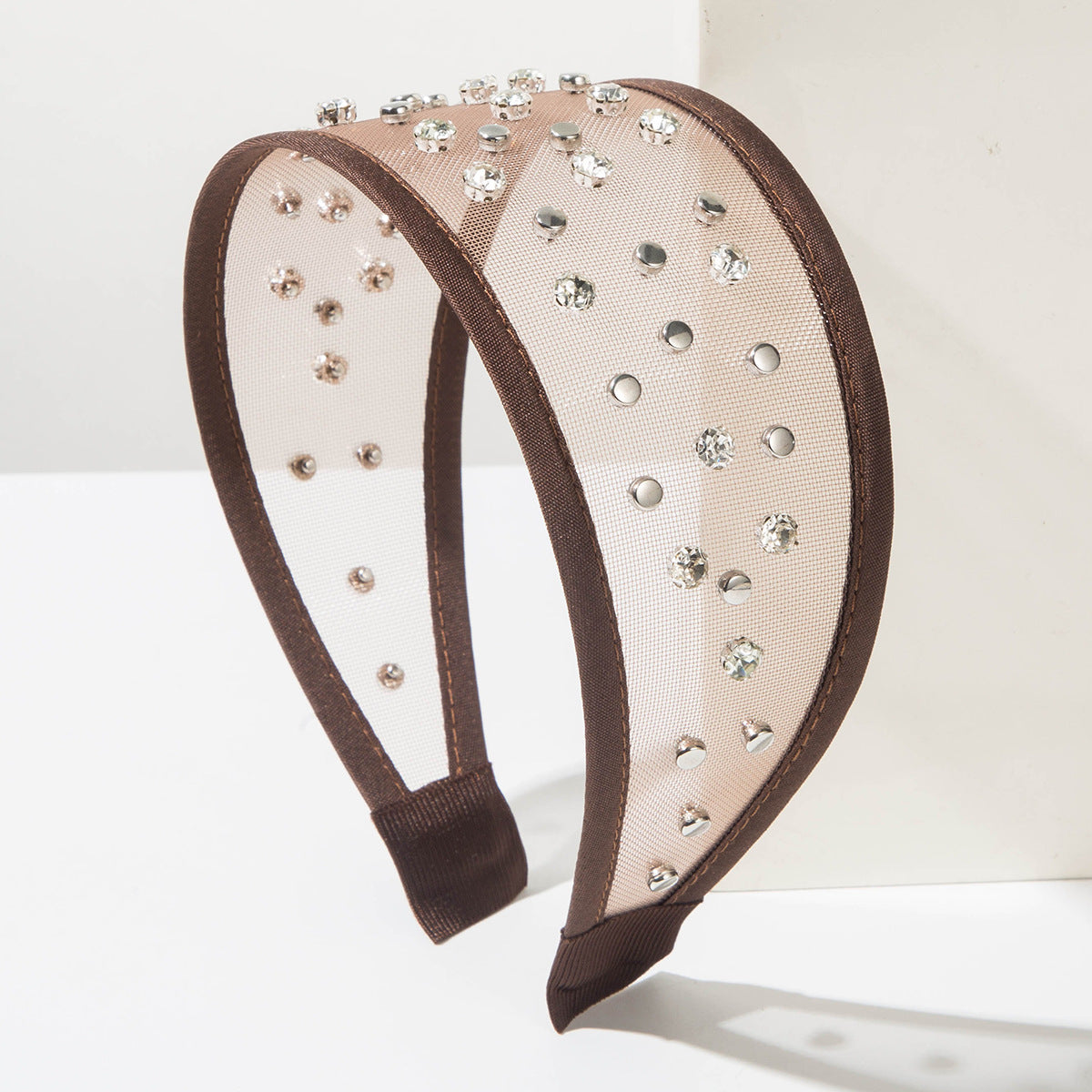 Sheer Tulle Headband With Crystal Studs - Coffee
