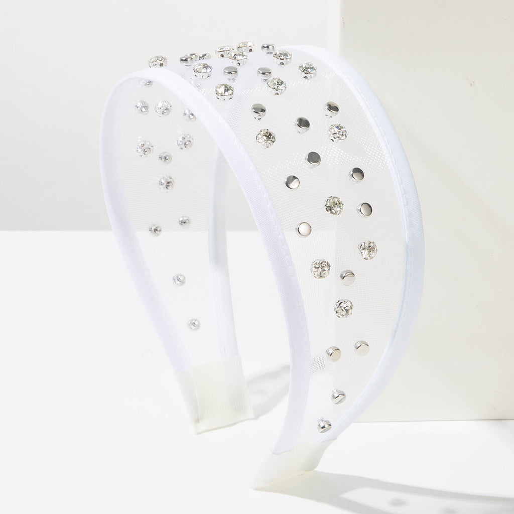 Sheer Tulle Headband With Crystal Studs - White
