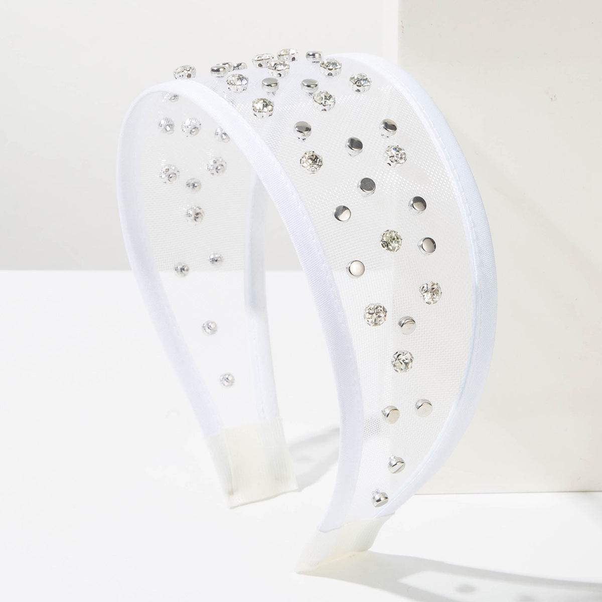 Sheer Tulle Headband With Crystal Studs - White