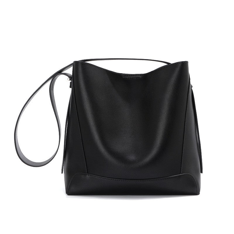 Genuine Leather Bucket Shoulder Bag - Black