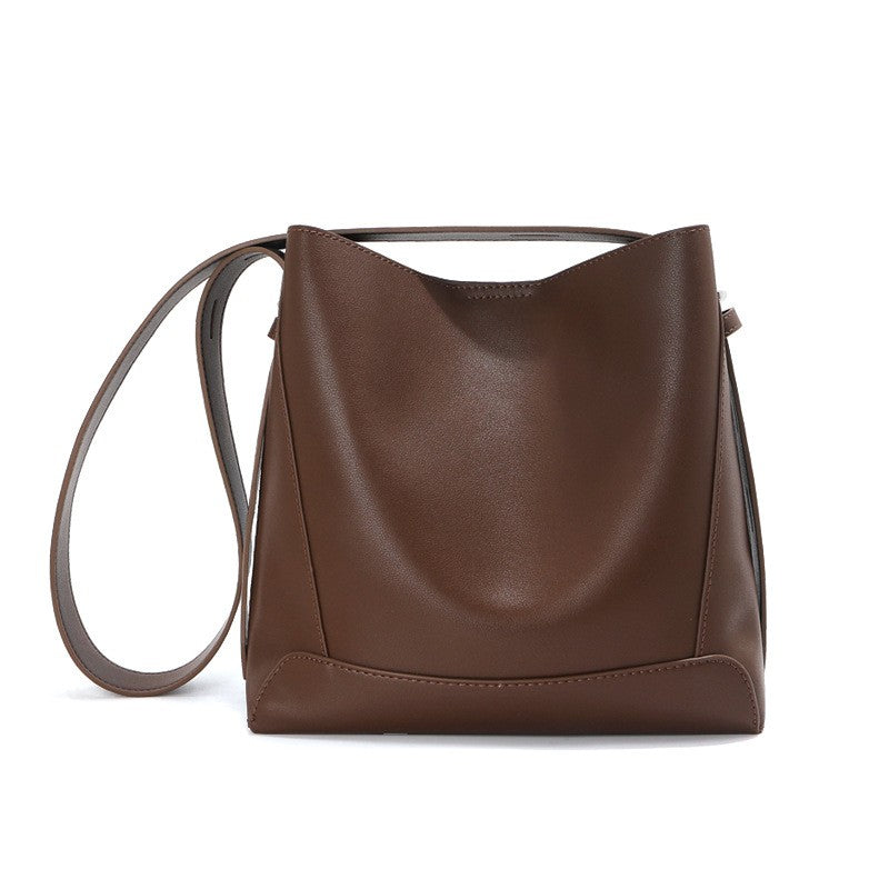 Genuine Leather Bucket Shoulder Bag - Coffee