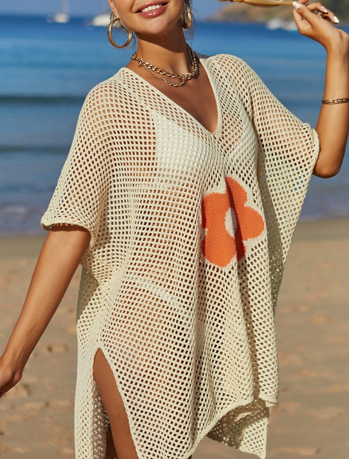 Daisy Motif Mesh Knit Beach Cover Up - Apricot
