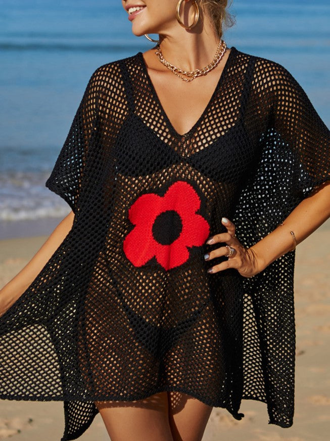 Daisy Motif Mesh Knit Beach Cover Up - Black - 1