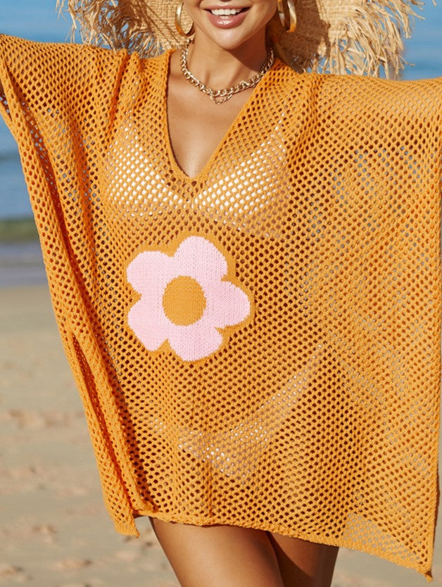 Daisy Motif Mesh Knit Beach Cover Up - Orange - 1