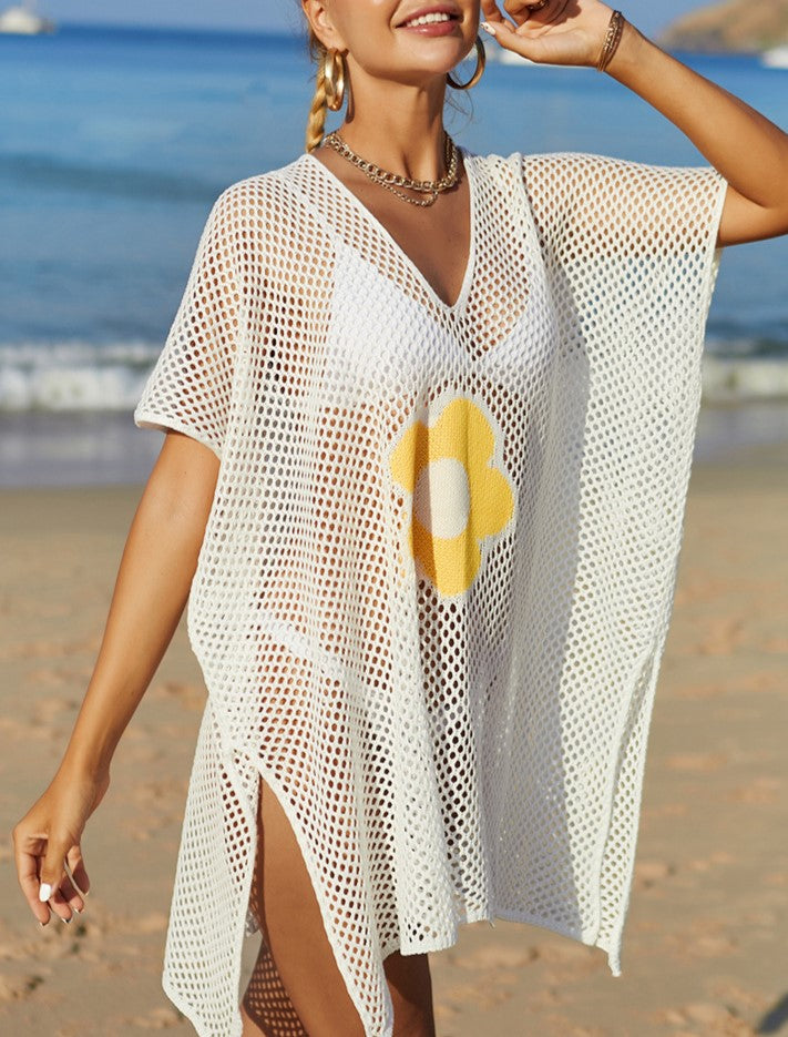 Daisy Motif Mesh Knit Beach Cover Up - White