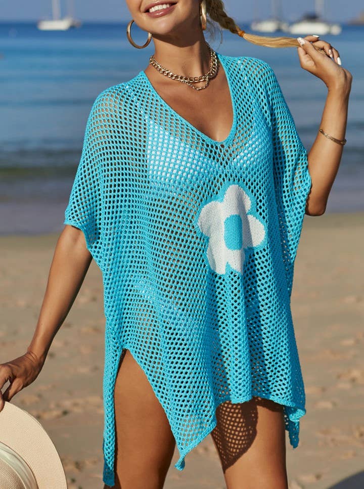 Daisy Motif Mesh Knit Beach Cover Up