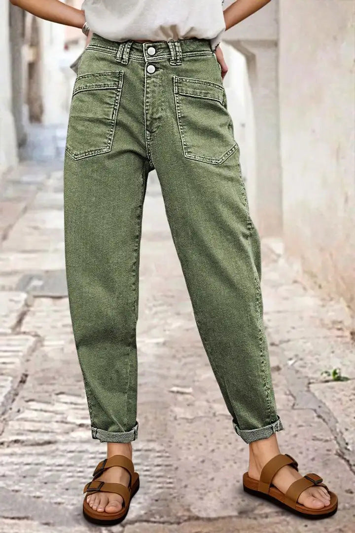 Washed Olive Tapered Barrel Leg Jeans - Green