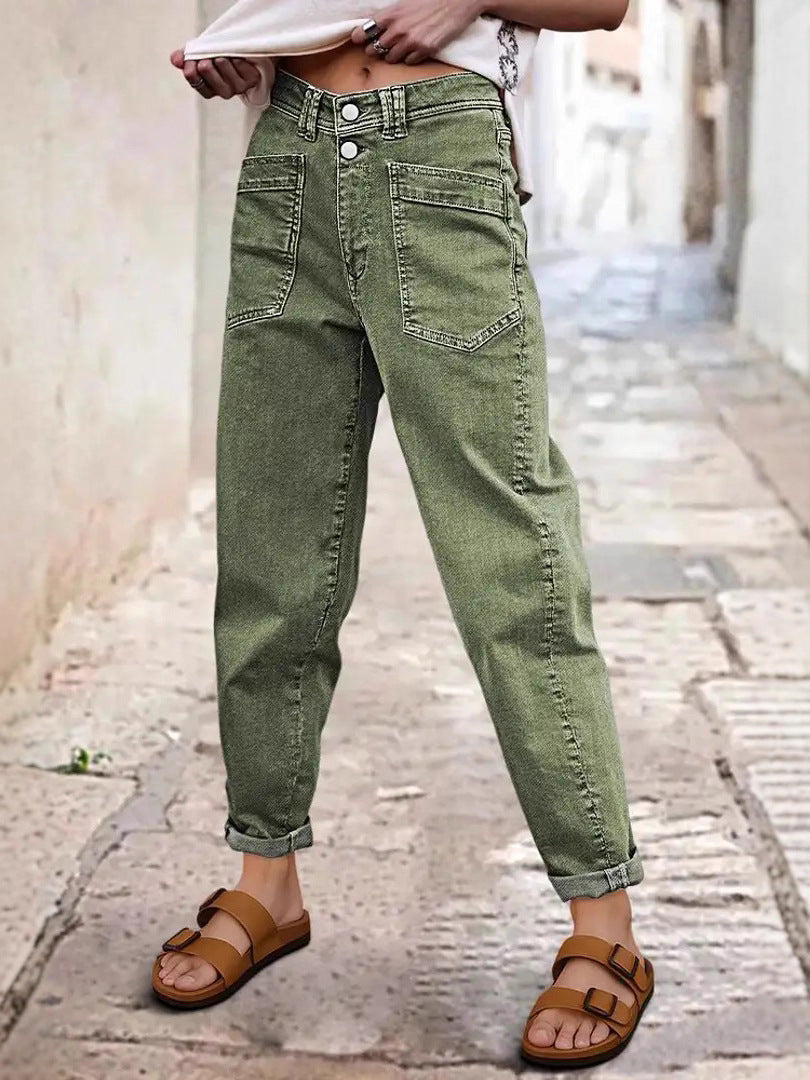 Washed Olive Tapered Barrel Leg Jeans - view 2