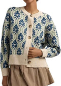 Ornate Floral Knit Cardigan With Button Front - Blue