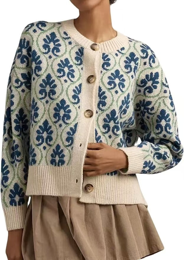 Ornate Floral Knit Cardigan With Button Front - Blue